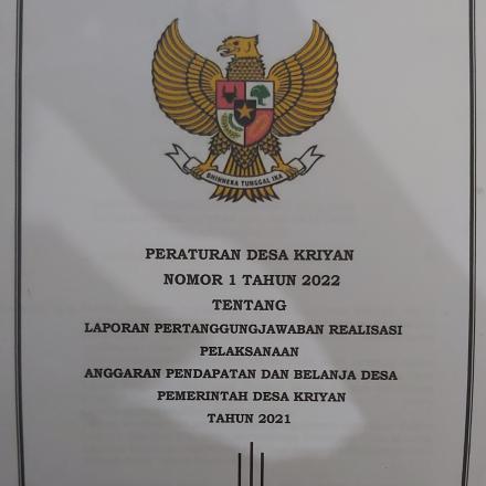 PERATURAN DESA KRIYAN NO 1 TAHUN 2022 TENTANG REALISASI APBDES DESA KRIYAN TAHUN 2021